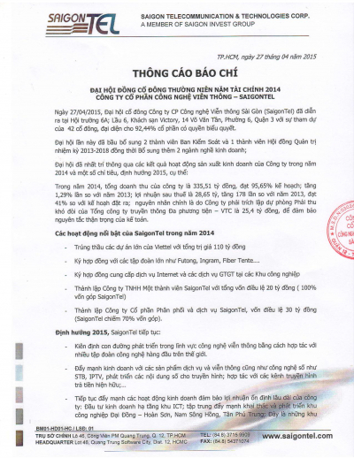 Thông cáo báo chí ĐHĐCĐ thường niên năm 2015